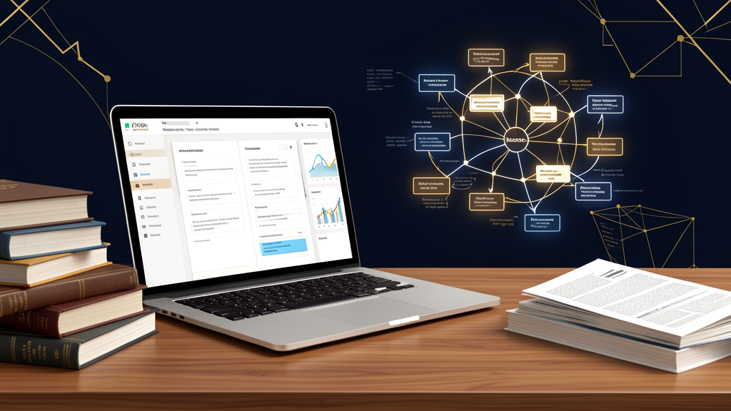 Laptop showing an AI knowledge notebook turning books and research papers into a mental-model map